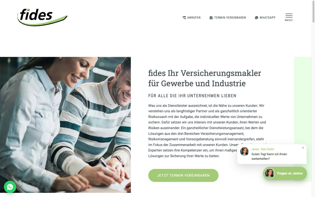 Website der Fides GmbH für Gewerbeversicherung
